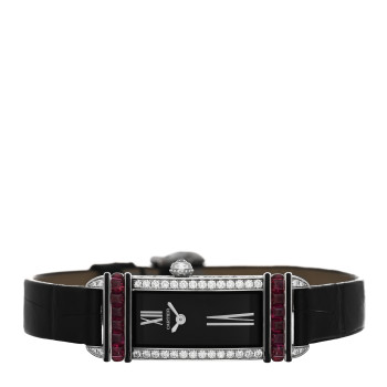 CARTIER 18K White Gold Alligator Diamond Ruby 15mm Tank Chinoise Quartz Watch Black