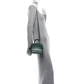 BALENCIAGA Calfskin Logo Crocodile Embossed XXS Ville Top Handle Bag Green White