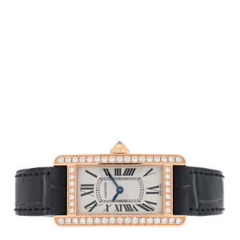 CARTIER 18K Pink Gold Alligator Diamond Bezel 19mm Tank Americaine Quartz Watch