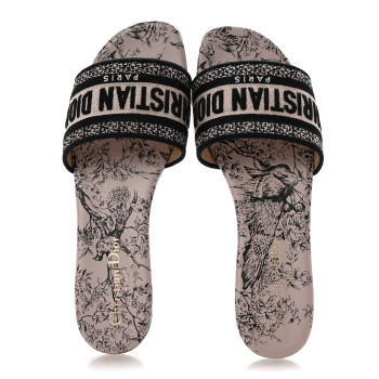 CHRISTIAN DIOR Canvas Jardin d'Hiver Embroidered Dway Flat Slide Sandals 38 Black Nude