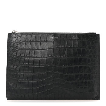 SAINT LAURENT Calfskin Crocodile Embossed Zipped Tablet Holder Black SAINT LAURENT Calfskin Crocodile Embossed Zipped Tablet Holder Black