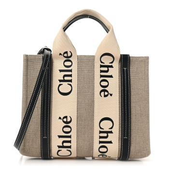 CHLOE Cotton Calfskin Small Woody Ribbon Tote With Strap White Navy CHLOE Cotton Calfskin Small Woody Ribbon Tote With Strap White Navy