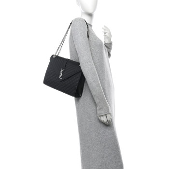 SAINT LAURENT Grain De Poudre Textured Mixed Matelasse Large Triquilt Monogram Satchel Black SAINT LAURENT Grain De Poudre Textured Mixed Matelasse Large Triquilt Monogram Satchel Black