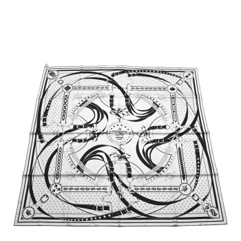 HERMES Cashmere Silk La Promenade du Matin Bandana Shawl 140 White Black Cuir HERMES Cashmere Silk La Promenade du Matin Bandana Shawl 140 White Black Cuir
