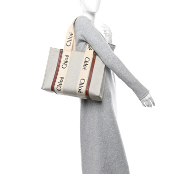 CHLOE Cotton Calfskin Medium Woody Ribbon Tote White Brown CHLOE Cotton Calfskin Medium Woody Ribbon Tote White Brown