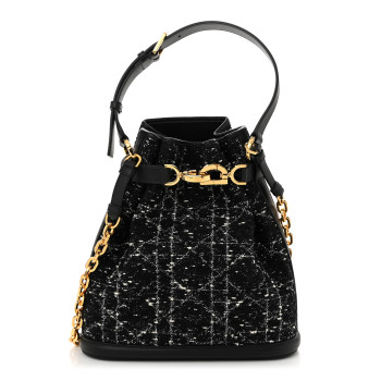 CHRISTIAN DIOR Calfskin Tweed Cannage Medium C'est Chain Bucket Bag Black White