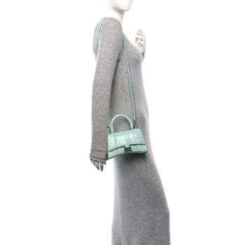 BALENCIAGA Shiny Calfskin Crocodile Embossed Hourglass Top Handle Bag XS Green Acqua
