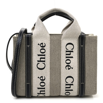 CHLOE Cotton Calfskin Mini Woody Ribbon Tote White Navy CHLOE Cotton Calfskin Mini Woody Ribbon Tote White Navy