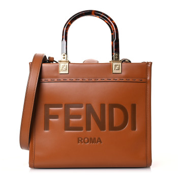 FENDI Vitello King Plexiglass Logo Embossed Small Fendi Sunshine Shopper Tote Cuoio