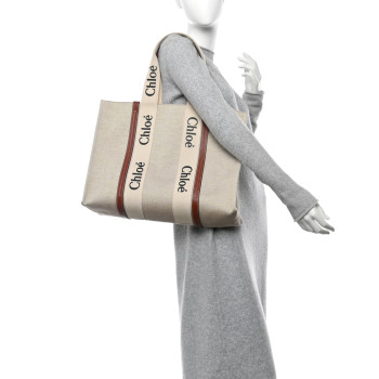 CHLOE Cotton Calfskin Large Woody Ribbon Tote White Brown CHLOE Cotton Calfskin Large Woody Ribbon Tote White Brown