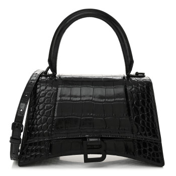 BALENCIAGA Shiny Calfskin Monochrome Crocodile Embossed Small Hourglass Top Handle Bag Black