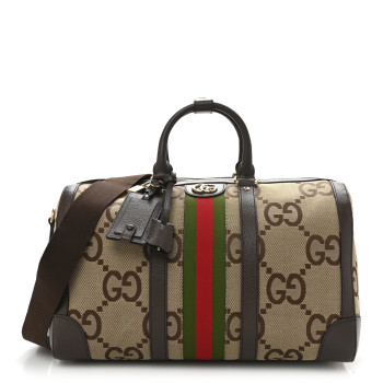 GUCCI Monogram Jumbo GG Textured Dollar Calfskin Web Medium Duffle Bag Camel Ebony