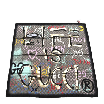 GUCCI Silk Twill GG Monogram Life is Gucci Square Scarf Multicolor