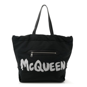 ALEXANDER MCQUEEN Nylon Graffiti Logo The Bundle Tote Black White ALEXANDER MCQUEEN Nylon Graffiti Logo The Bundle Tote Black White