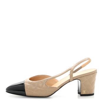 CHANEL Lambskin Patent Calfskin Quilted Cap Toe CC Slingback Pumps 40 Beige Black CHANEL Lambskin Patent Calfskin Quilted Cap Toe CC Slingback Pumps 40 Beige Black