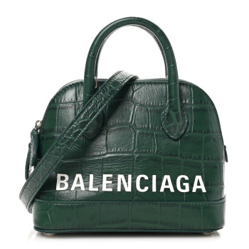 BALENCIAGA Calfskin Logo Crocodile Embossed XXS Ville Top Handle Bag Green White