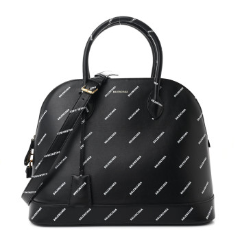 BALENCIAGA Calfskin Allover Logo M Ville Top Handle Bag Black
