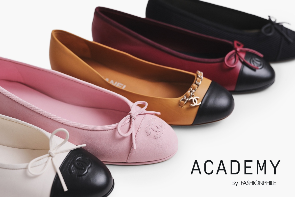 five pairs of Chanel Ballerina Flats shoes with ACADEMY By FASHIONPHILE in black text in the bottom right corner of the image